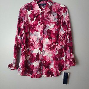 JNY Signature Colorful White/Pink Floral Hibiscus Button Up Shirt - XL